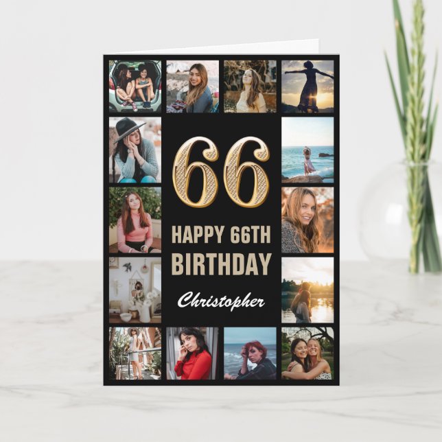 Carte 66e Joyeux anniversaire noir et or Collage photo (Devant)