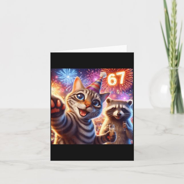 Carte 67 Meme Cat Raccoon New Year Selfie Funny Birthday (Devant)