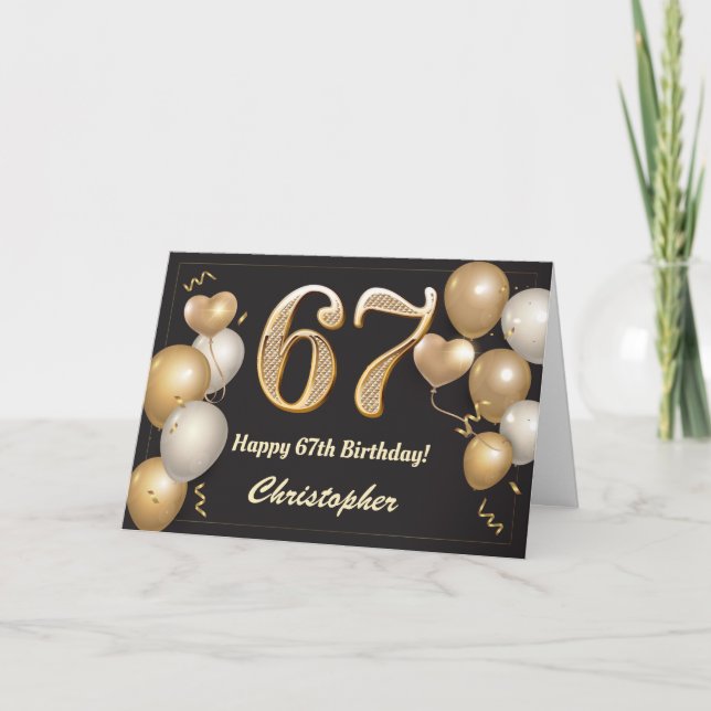 Carte 67e anniversaire Ballons noirs et or Anniversaire (Devant)