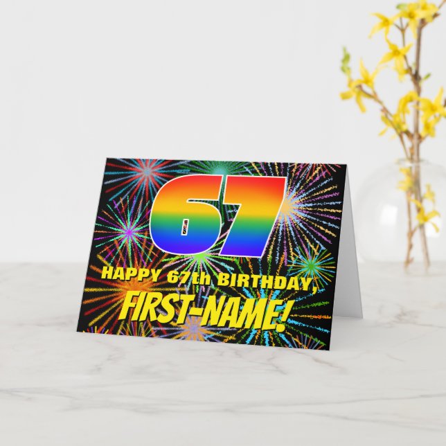 Carte 67e anniversaire : Feu d'artifice festif amusant e (Fleur jaune)