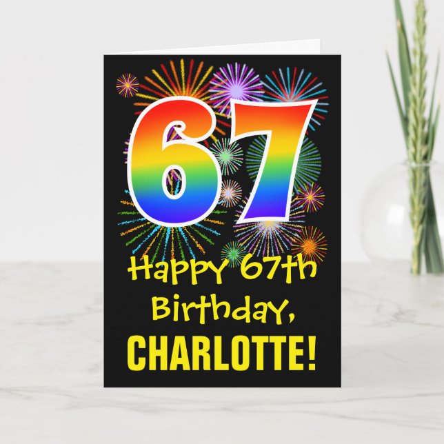 Carte 67e Anniversaire : motif de feux d'artifice amusan (Devant)