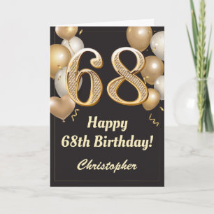 Carte 68e anniversaire Ballons Noir et Or Confetti