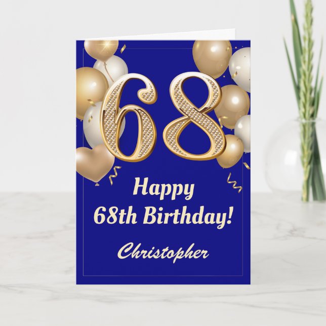 Carte 68e anniversaire Marine Bleu et Ballons d'or Confe (Devant)