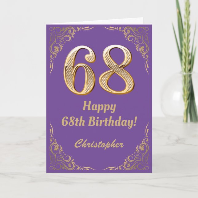Carte 68e anniversaire Parties scintillant violet et or  (Devant)