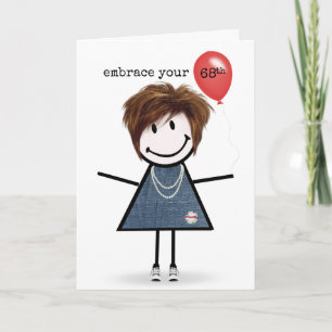 Carte 68e Anniversaire Stick Figure Girl avec Ballons Ro