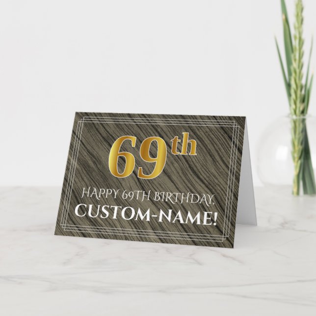 Carte 69e anniversaire élégant : Faux Wood, Faux Gold Lo (Devant)