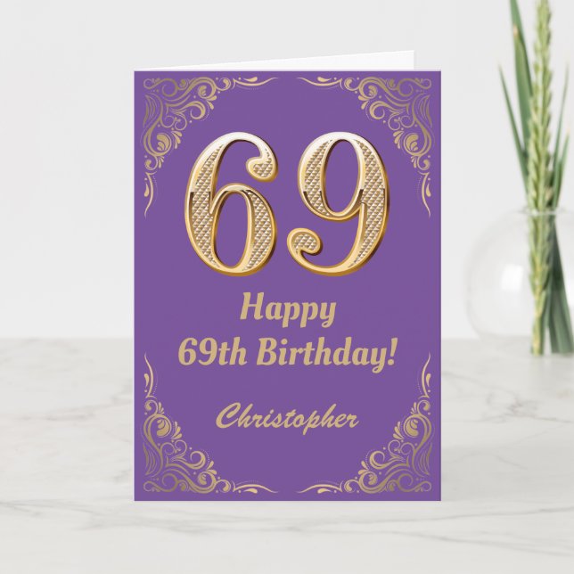 Carte 69e anniversaire Parties scintillant violet et or  (Devant)