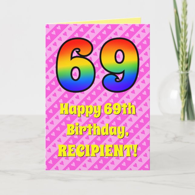 Carte 69e anniversaire : Pink Stripes & Hearts, Arc en c (Devant)