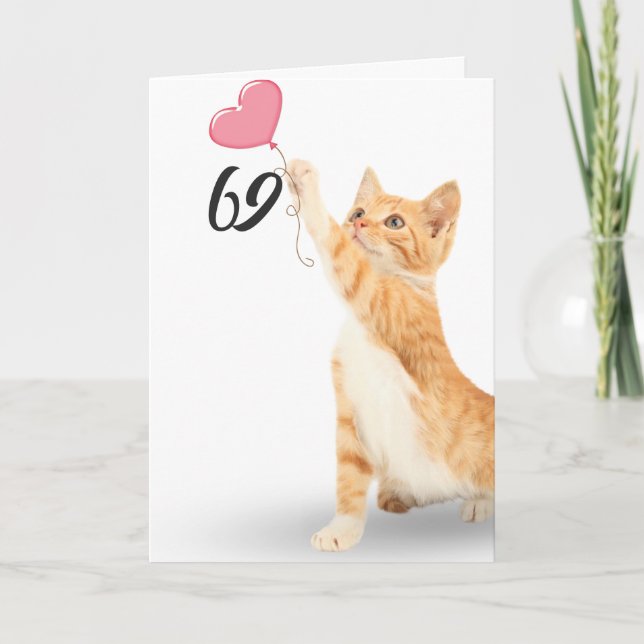 Carte 69e anniversaire tabby chat avec ballon cardiaque (Devant)
