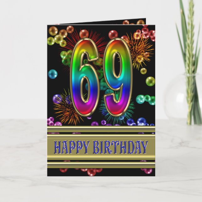Carte 69ème anniversaire avec bulles arc-en-ciel et feux (Devant)