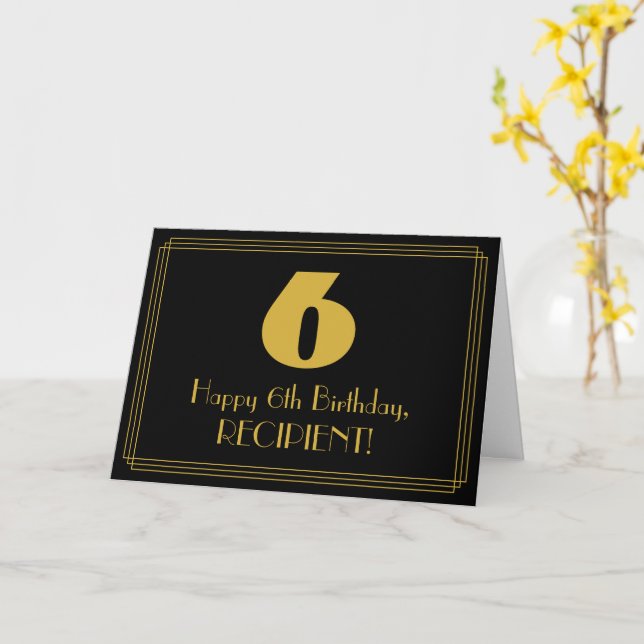 Carte 6e anniversaire : Art Déco Inspiré Look "6" & Nom (Fleur jaune)