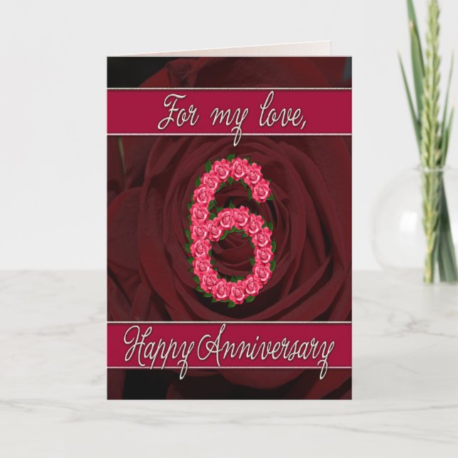 Carte 6e anniversaire avec roses et feuille (Devant)
