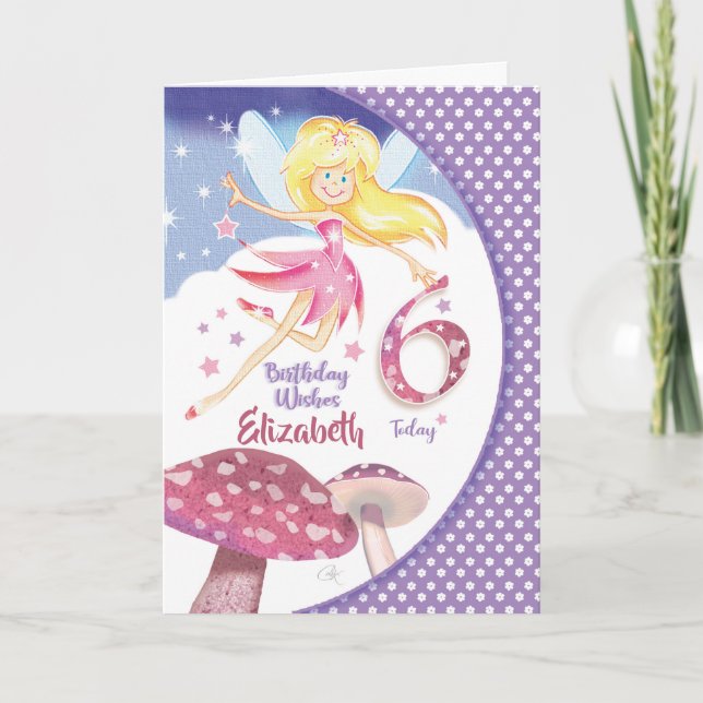 Carte 6e anniversaire, Fées roses et champignons (Devant)