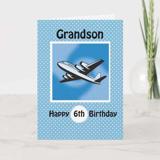 Carte 6e anniversaire, grand-fils, avion en bleu (Devant)