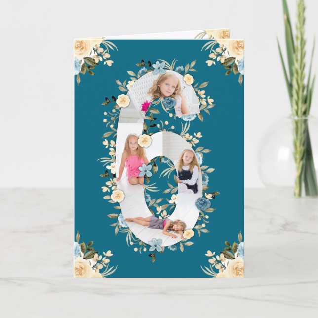 Carte 6e anniversaire Photo Collage bleu Fleur jaune Tur (Devant)