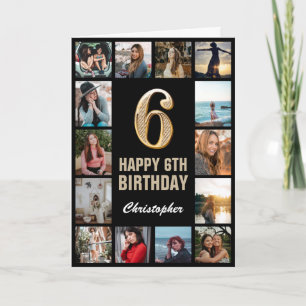 Carte 6e Joyeux anniversaire noir et or photo Collage