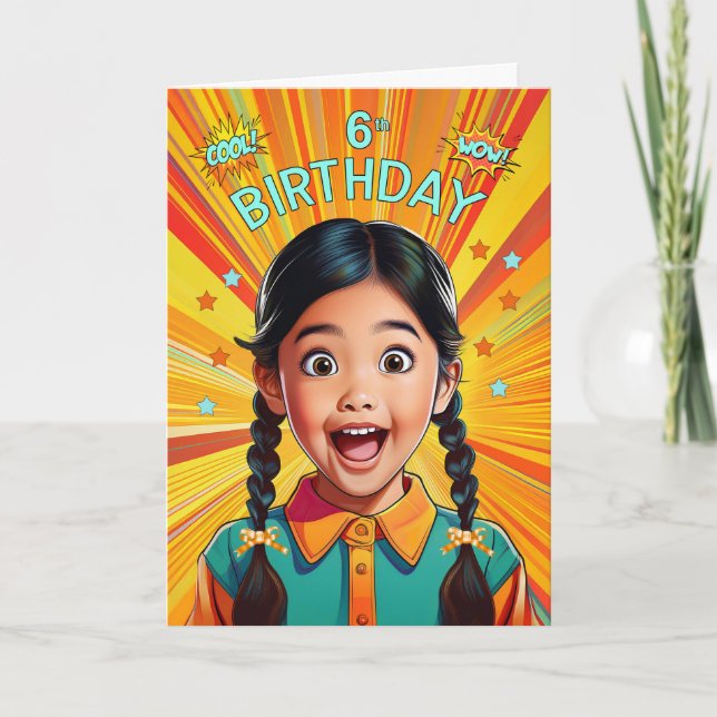 Carte 6th Birthday Asian American Girl Pop Art Style (Devant)