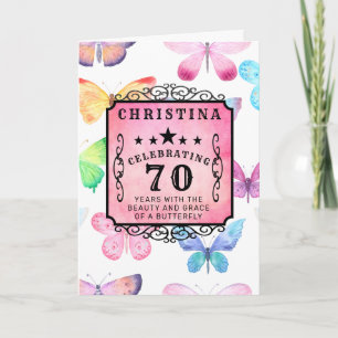 Carte 70e anniversaire Aquarelle rose papillon Salutatio