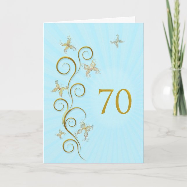 Carte 70e anniversaire avec des papillons dorés (Devant)