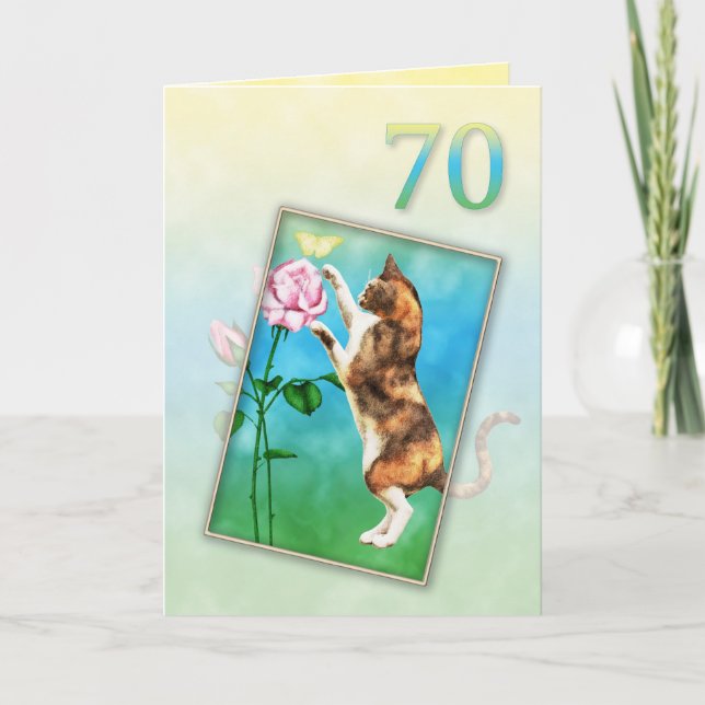 Carte 70e anniversaire avec un chat ludique (Devant)