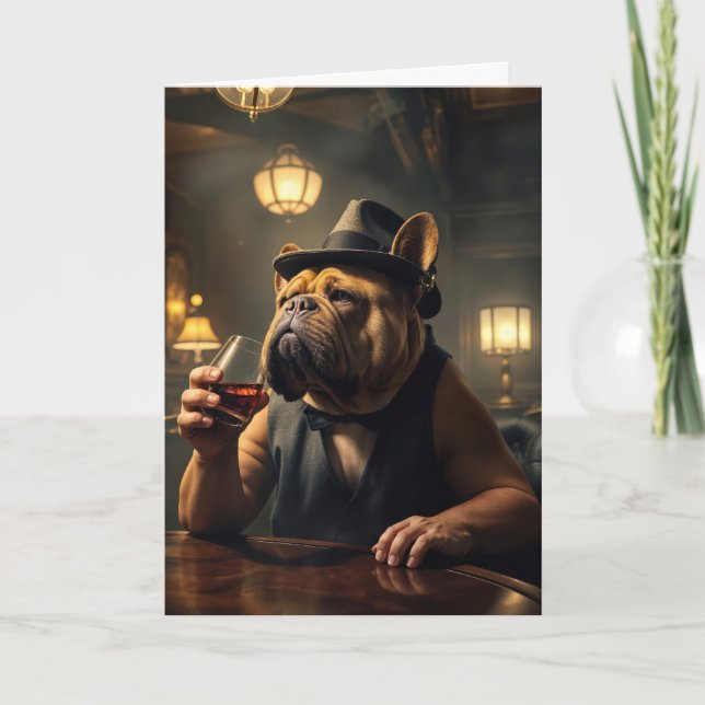 Carte 70e anniversaire Bulldog tenant un verre (Devant)