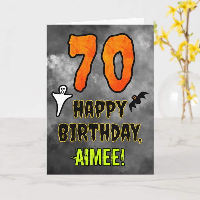 Carte 70e anniversaire : Eerie Halloween Thème + Nom per (Fleur jaune)