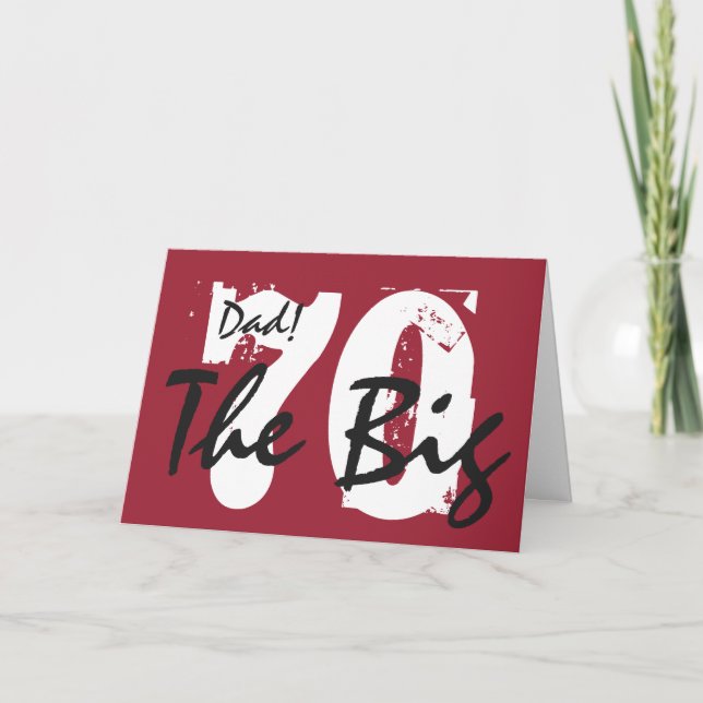 Carte 70e anniversaire, papa, blanc, noir sur rouge. (Devant)
