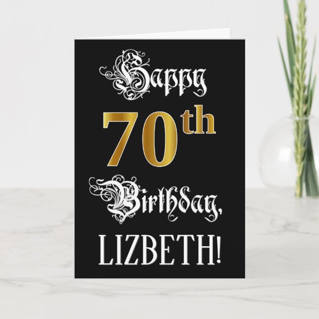 Carte 70e anniversaire — Script fantaisie; look or Faux; (Devant)