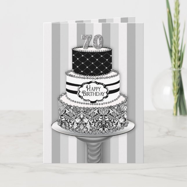 Carte 70e jour de Birthday, 3 Black/White Pattern Cake (Devant)