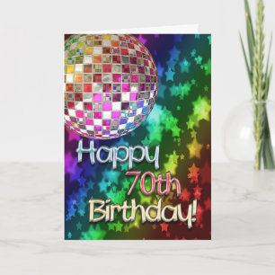 Carte 70ème anniversaire avec boule disco et arc-en-ciel