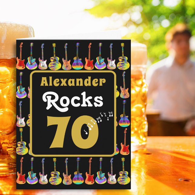 Carte 70th birthday Retro Groovy Guitar Personalized (Music lovers Guitar 70th birthday personalized name rocks 70 black & gold rock and roll folded card)