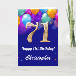 Carte 71e anniversaire Ballons bleu et or couleur marine