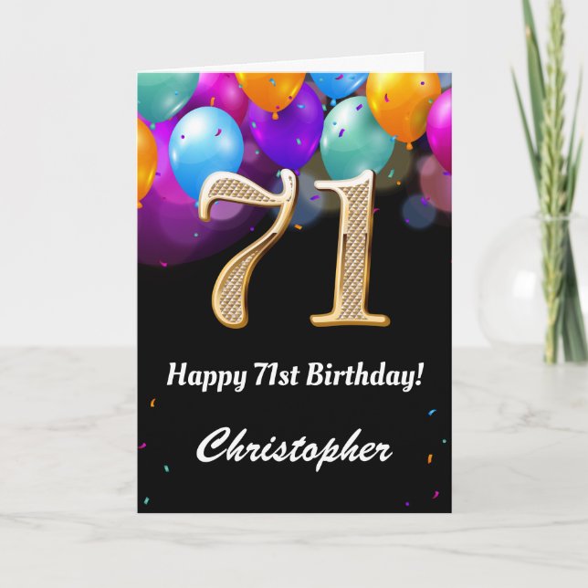 Carte 71e anniversaire Ballons noirs et dorés (Devant)
