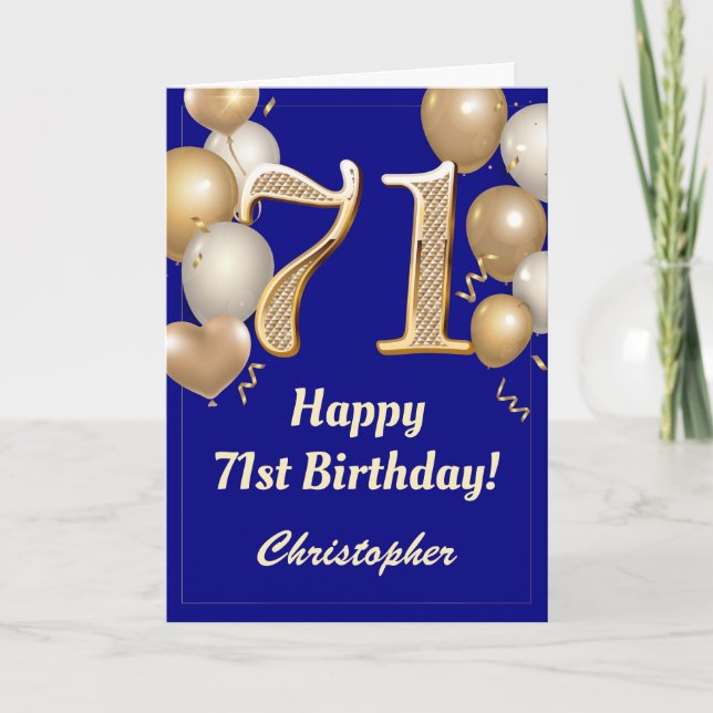 Carte 71e anniversaire Marine Bleu et Ballons d'or Confe (Devant)