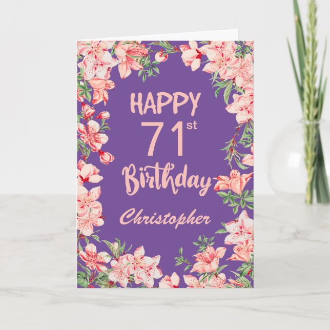 Carte 71e anniversaire Peach rose violet aquarelle Flora (Devant)
