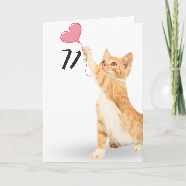 Carte 71e anniversaire tabby chat avec ballon cardiaque (Devant)