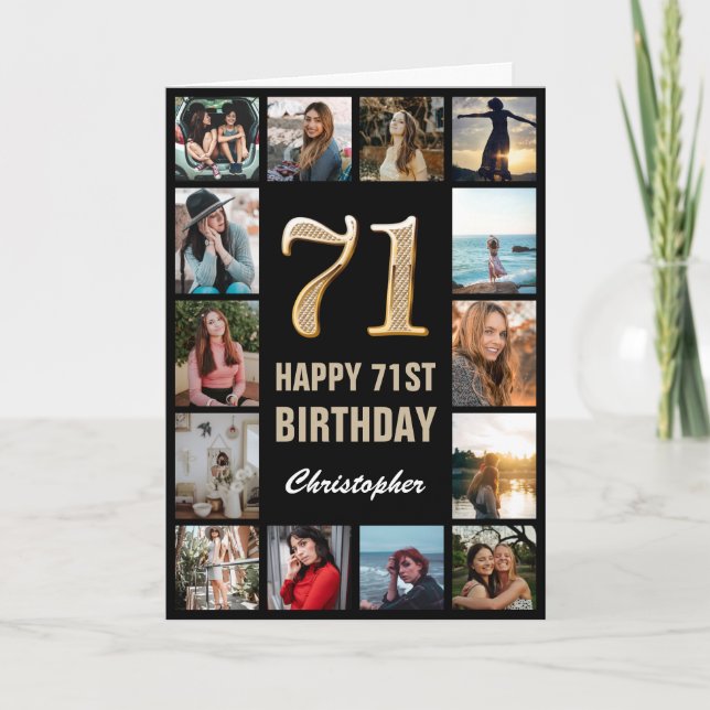 Carte 71e Joyeux Anniversaire noir et or Collage photo (Devant)