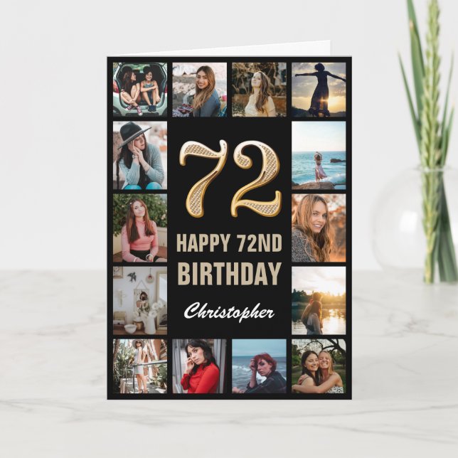 Carte 72e Joyeux Anniversaire noir et or Collage photo (Devant)