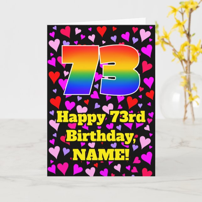 Carte 73e anniversaire : Amour Hearts Motif, Arc en ciel (Fleur jaune)