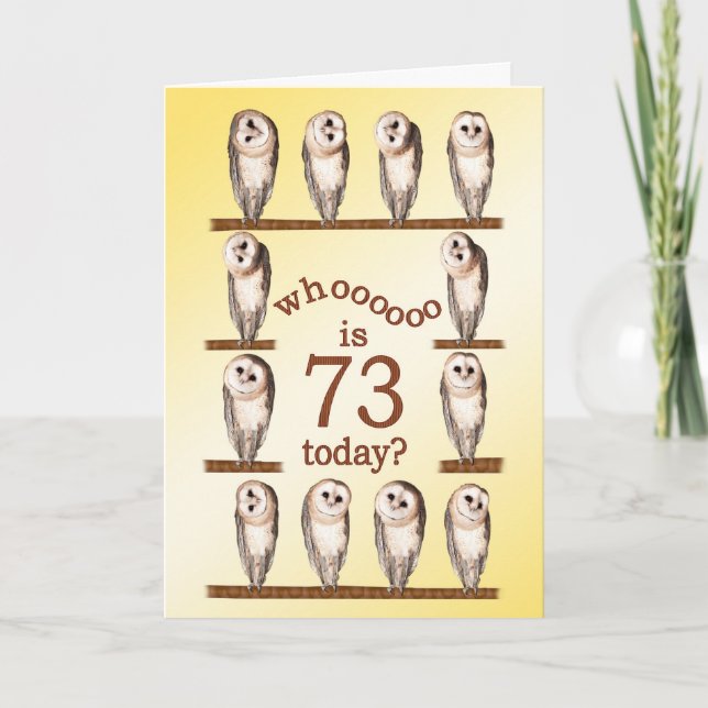 Carte 73e anniversaire, Curious owls card. (Devant)