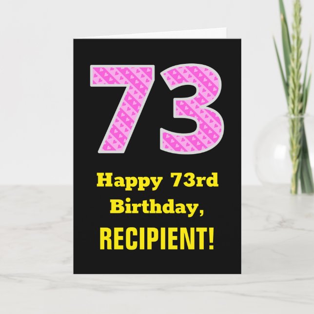 Carte 73e anniversaire : Pink Stripes and Hearts "73" +  (Devant)