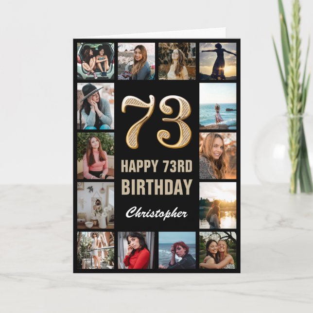 Carte 73e Joyeux Anniversaire Black and Gold Photo Colla (Devant)
