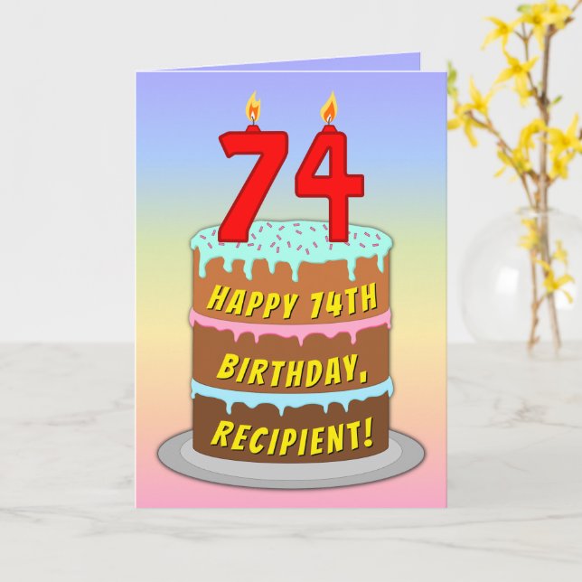 Carte 74e anniversaire — Fun Cake & Candles, avec nom pe (Fleur jaune)