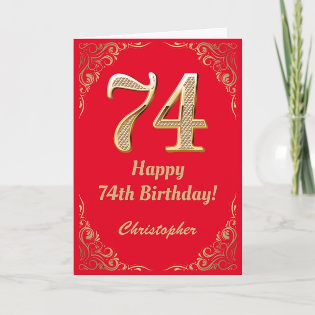 Carte 74e anniversaire Parties scintillant rouge et or (Devant)