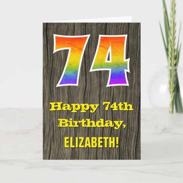 Carte 74e anniversaire : Rustic Faux Wood Look, Rainbow  (Devant)