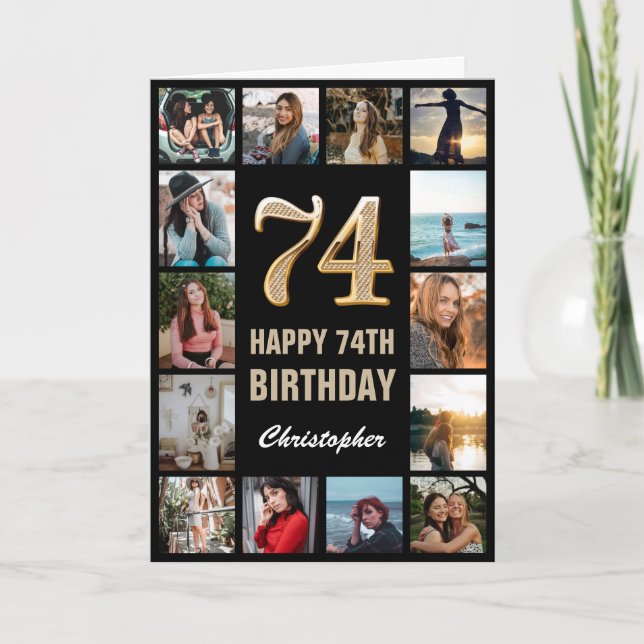 Carte 74e Joyeux Anniversaire noir et or Collage photo (Devant)