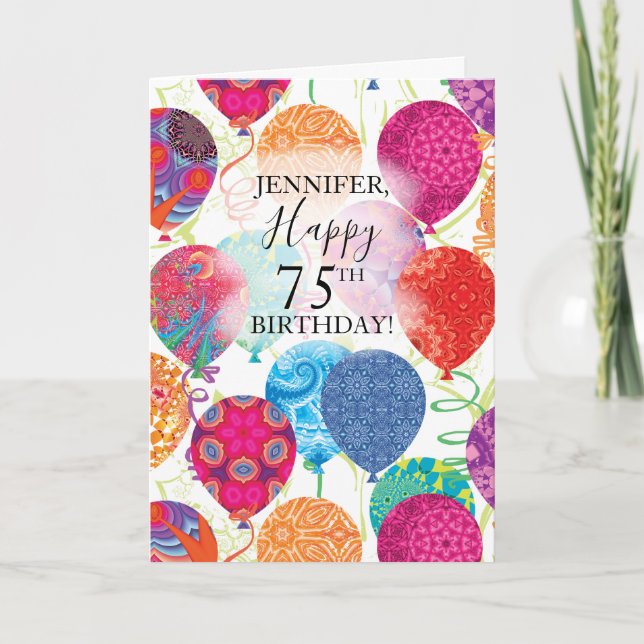 Carte 75e anniversaire Ballons rose orange turquoise (Devant)