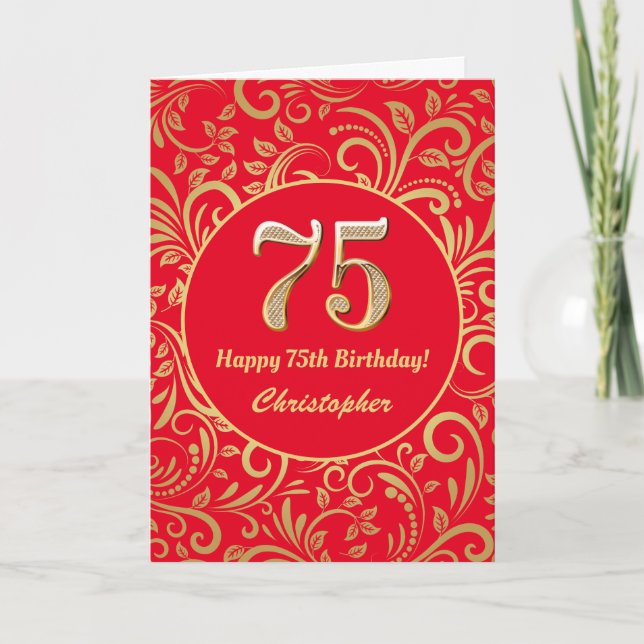 Carte 75e anniversaire Motif Floral rouge et or (Devant)