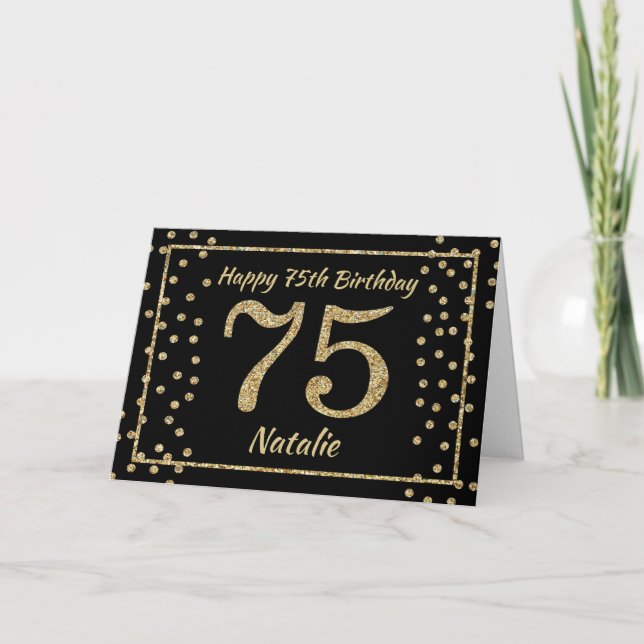 Carte 75e anniversaire Parties scintillant Noir et Or Ca (Devant)