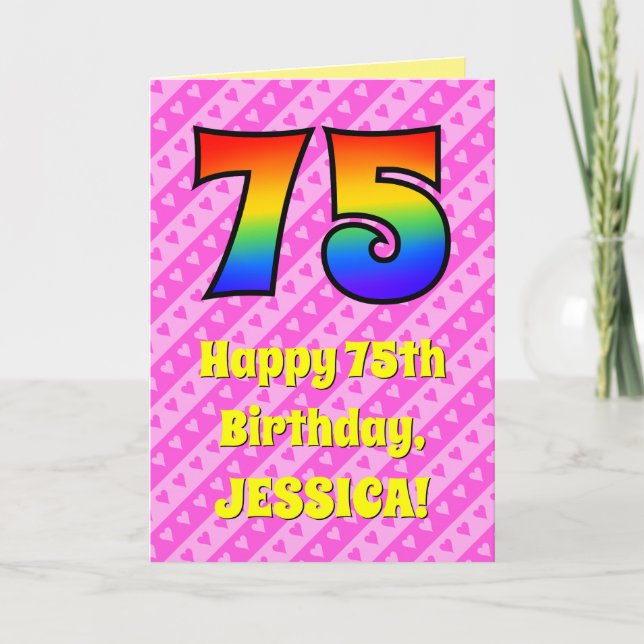 Carte 75e anniversaire : Pink Stripes & Hearts, Arc en c (Devant)